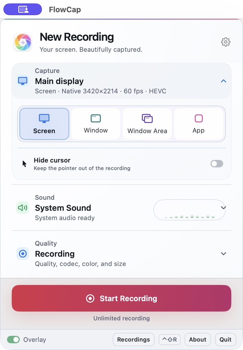 FlowCap New Recording panel with Capture set to Main display, System Sound, Recording quality, and a Start Recording button